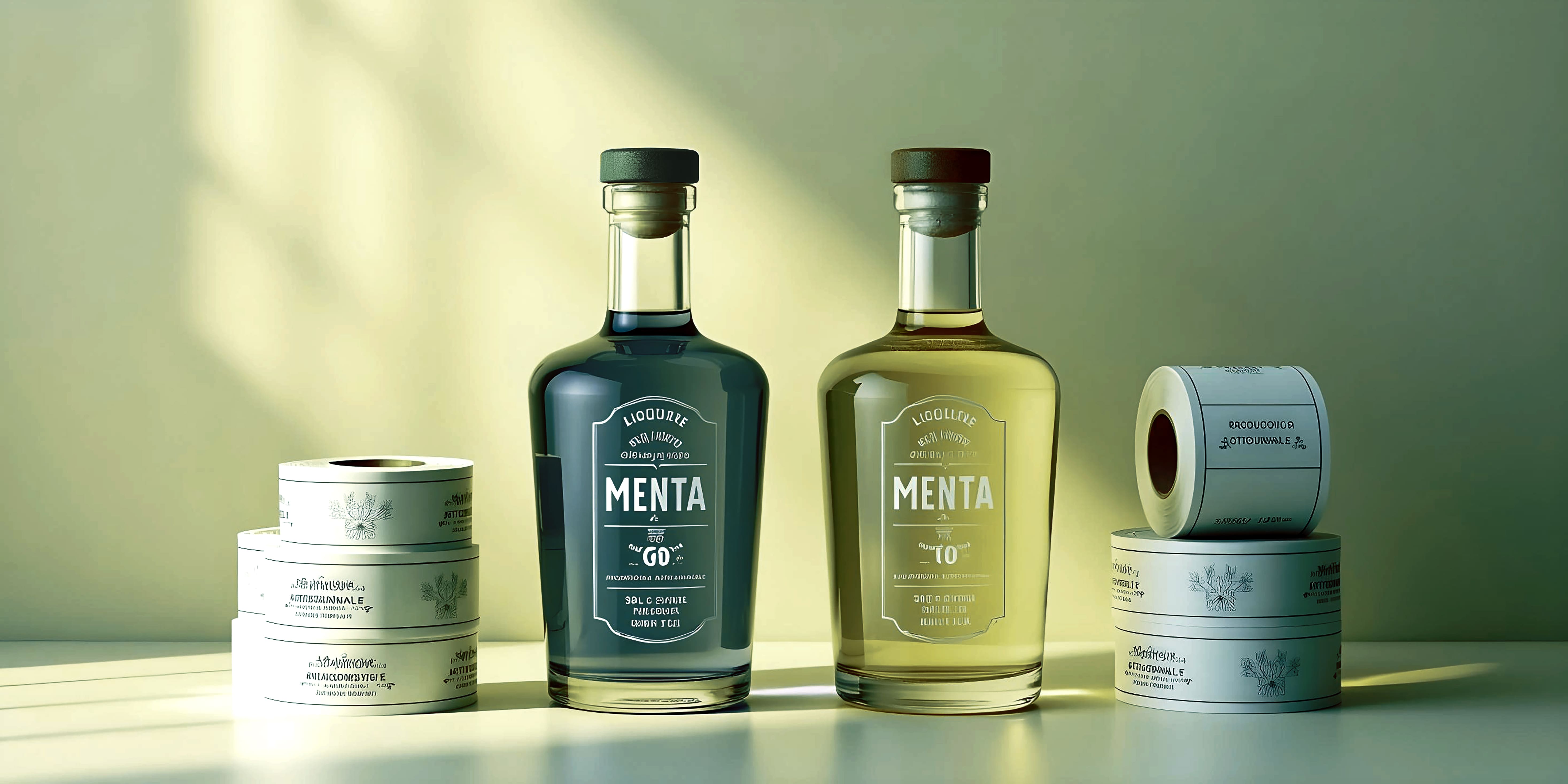 Bottiglie di liquore alla menta con etichette adesive trasparenti personalizzate in polipropilene bianco lucido