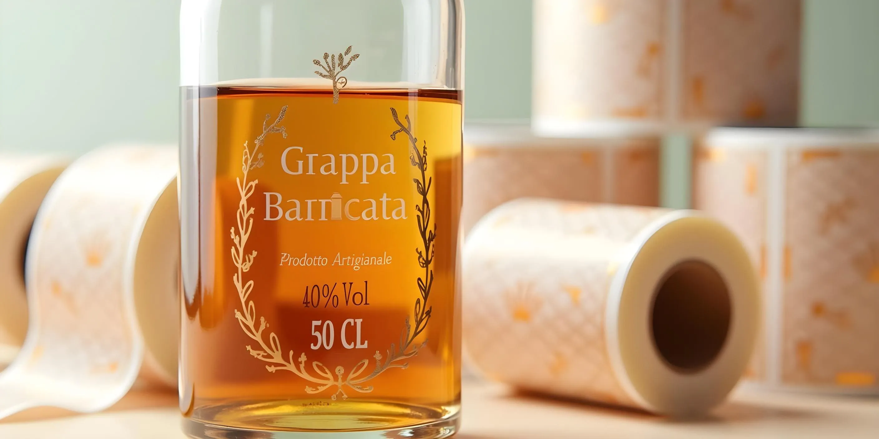 Bottiglia di grappa con etichette adesive trasparenti personalizzate e decorazioni in oro lamina